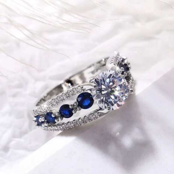 NEW 14k White Gold Blue Sapphire Diamond Ring Oval Cut Ring - Picture 1 of 7